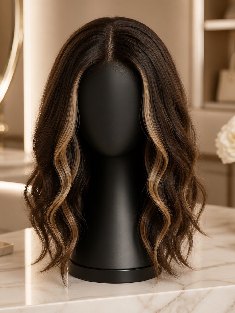 Wavy Brown Wig with Blonde Face-Framing Highlights - Center Part